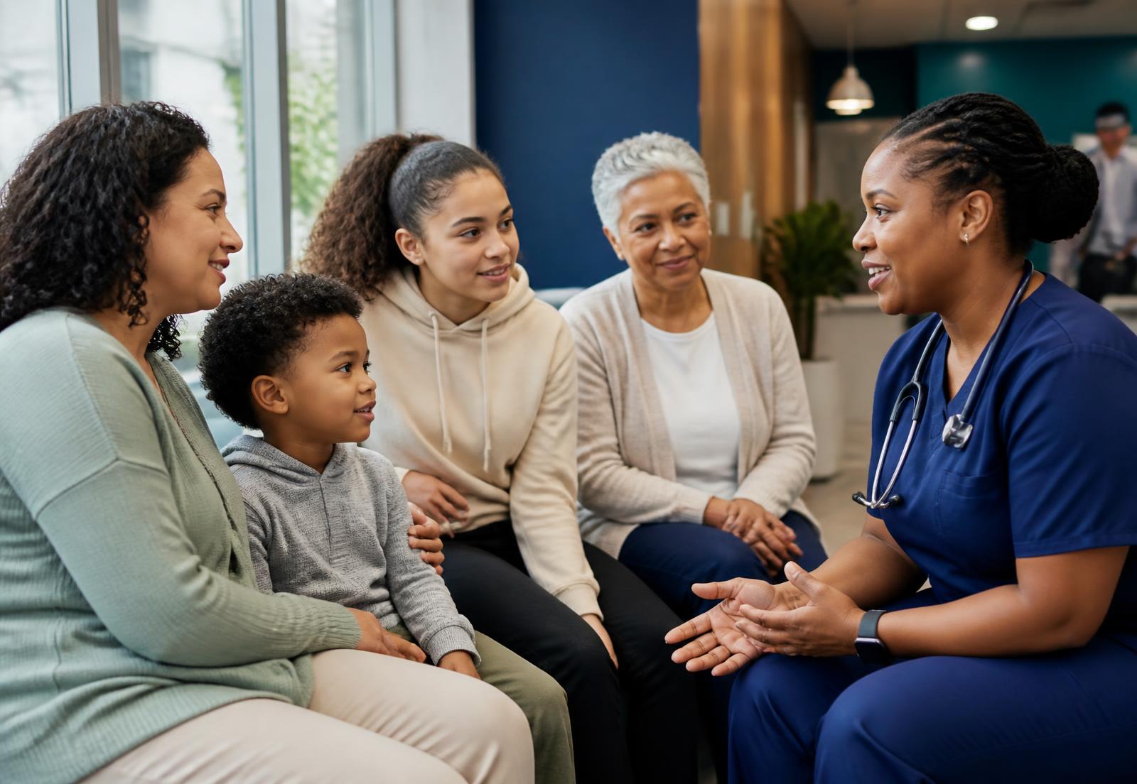 A nurse practitioner speaking with a diverse family including a young child, teenager, adult, and older adult in a bright clinic waiting area